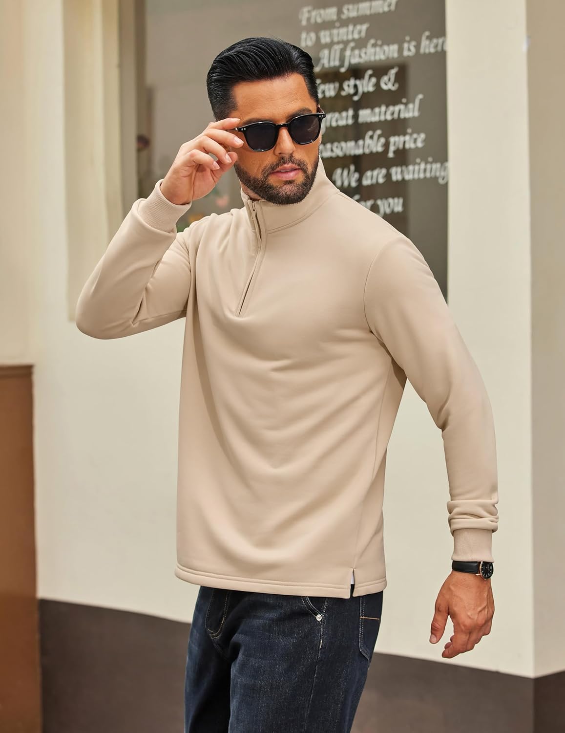 COOFANDY Men's Quarter Zip Pullover Sweatshirt Mock Neck Quilted Sweatshirt Lightweight Casual Long Sleeve Polo Shirt - Image 3