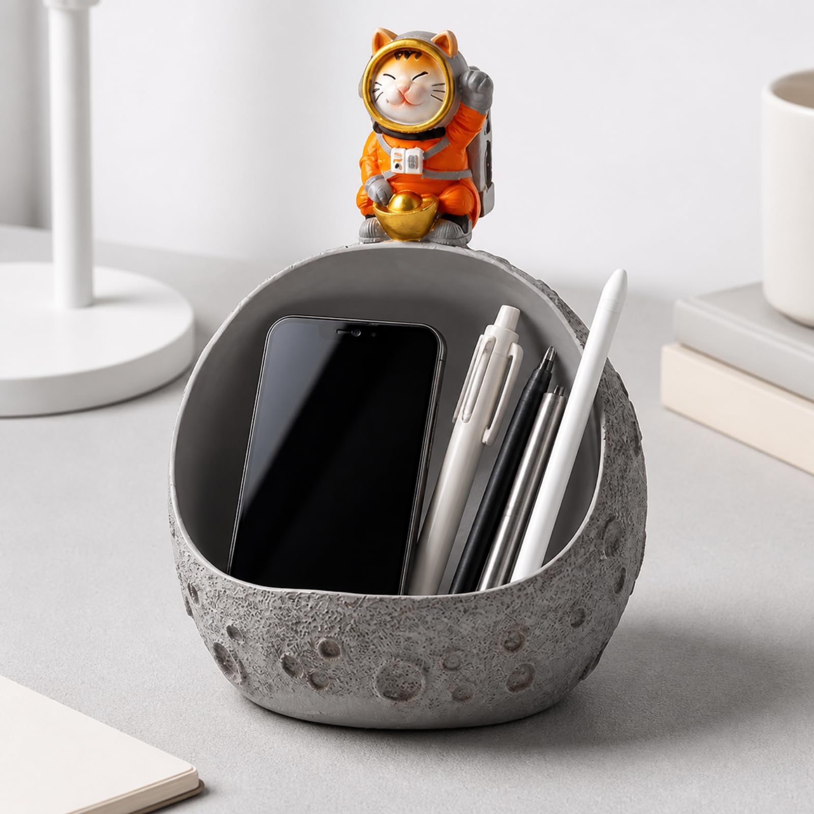 Portalápices Mesa con Minino |, con textura, Organizador Resina Forma Cráter, para Oficina, Niños, Plata+Naranja