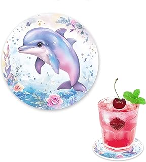 Dolphin Ceramic Coasters - Best Absorbent Round Drink Marble Modern Diatomite Coasters for Coffee Table, Bar, Wine - Decorative Home Decor, for Women and Friends 3.94 x 3.94 Inch C111 ﻿