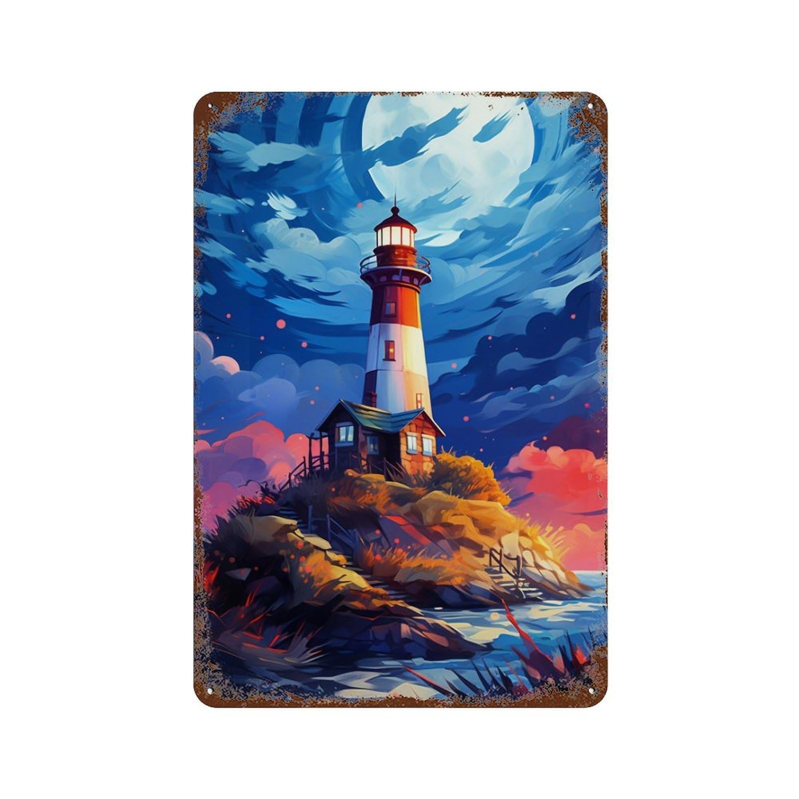Moonlit Coastal Lighthouse Scene Rust Effect Tin Sign 11.8"x7.9", Rustic Home Decor for Cafe, Home Bar And Lounge Decor