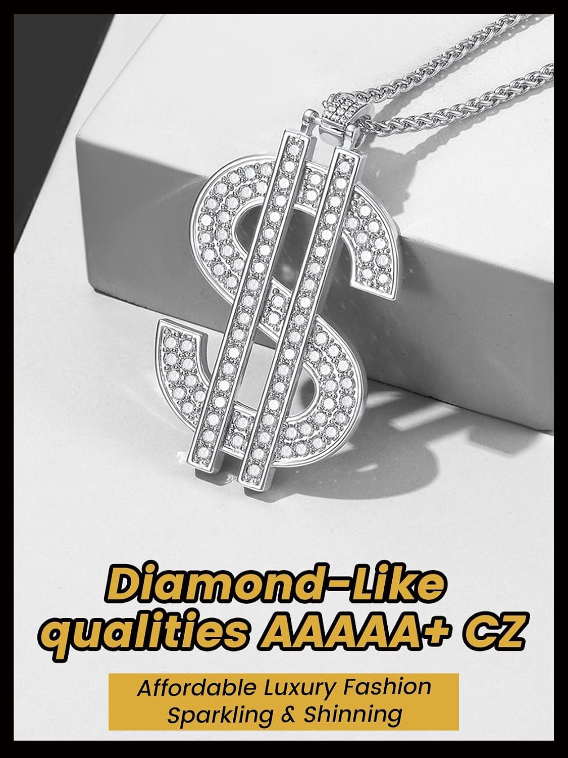 KeyStyle Dollar Sign Chain for Men, Fake Diamond Money Pendant Necklace Hip Hop Rhinestone Rapper Costume Jewelry Fashion Pendants with 22/28 Inches Wheat Chain