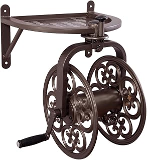 Liberty Garden 710 Navigator Rotating Wall-Mount Hose Reel - Holds 125 ft 5/8" Hose, Bronze Steel, 360° Swivel