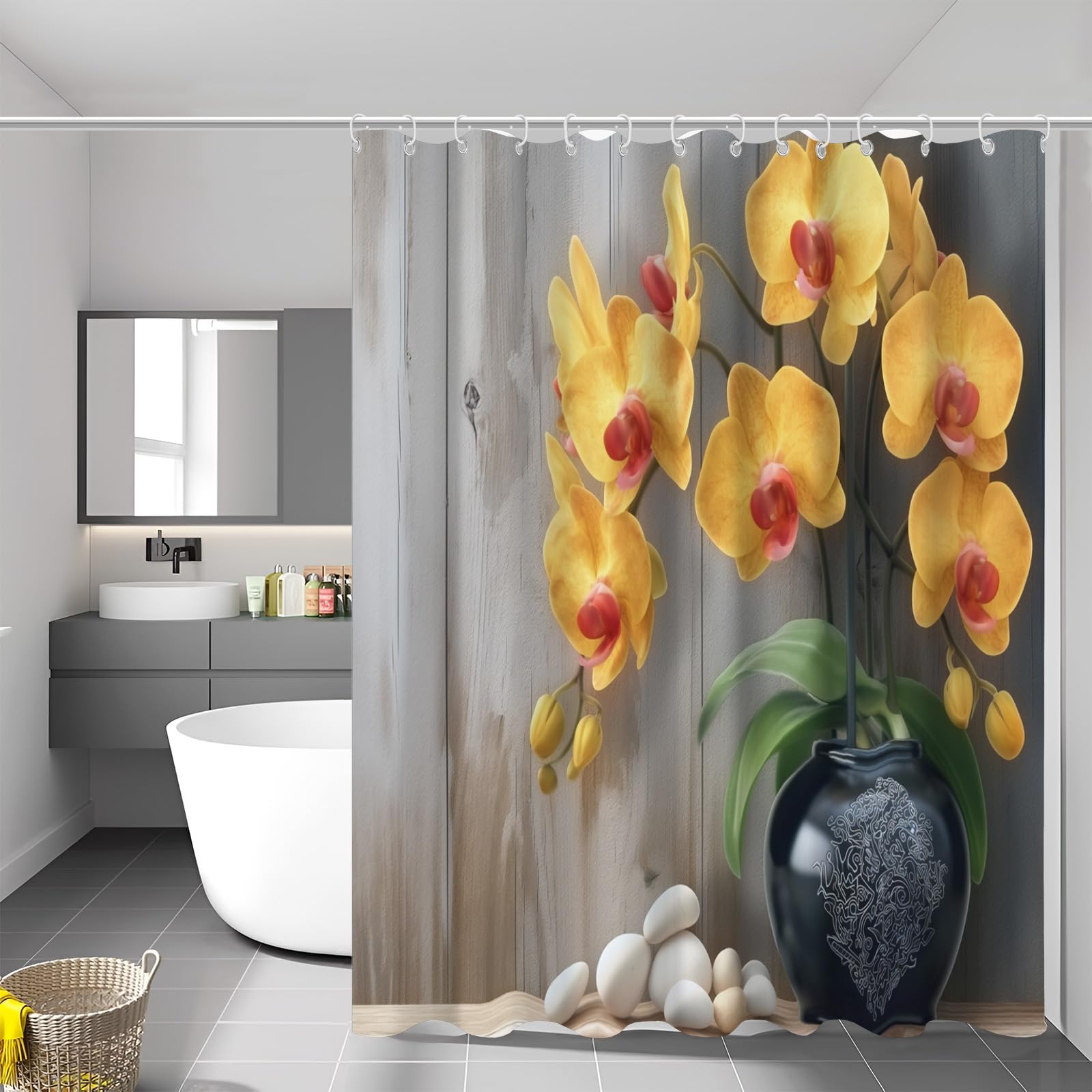 Rideau de douche vase noir 240x200 cm en polyester jaune