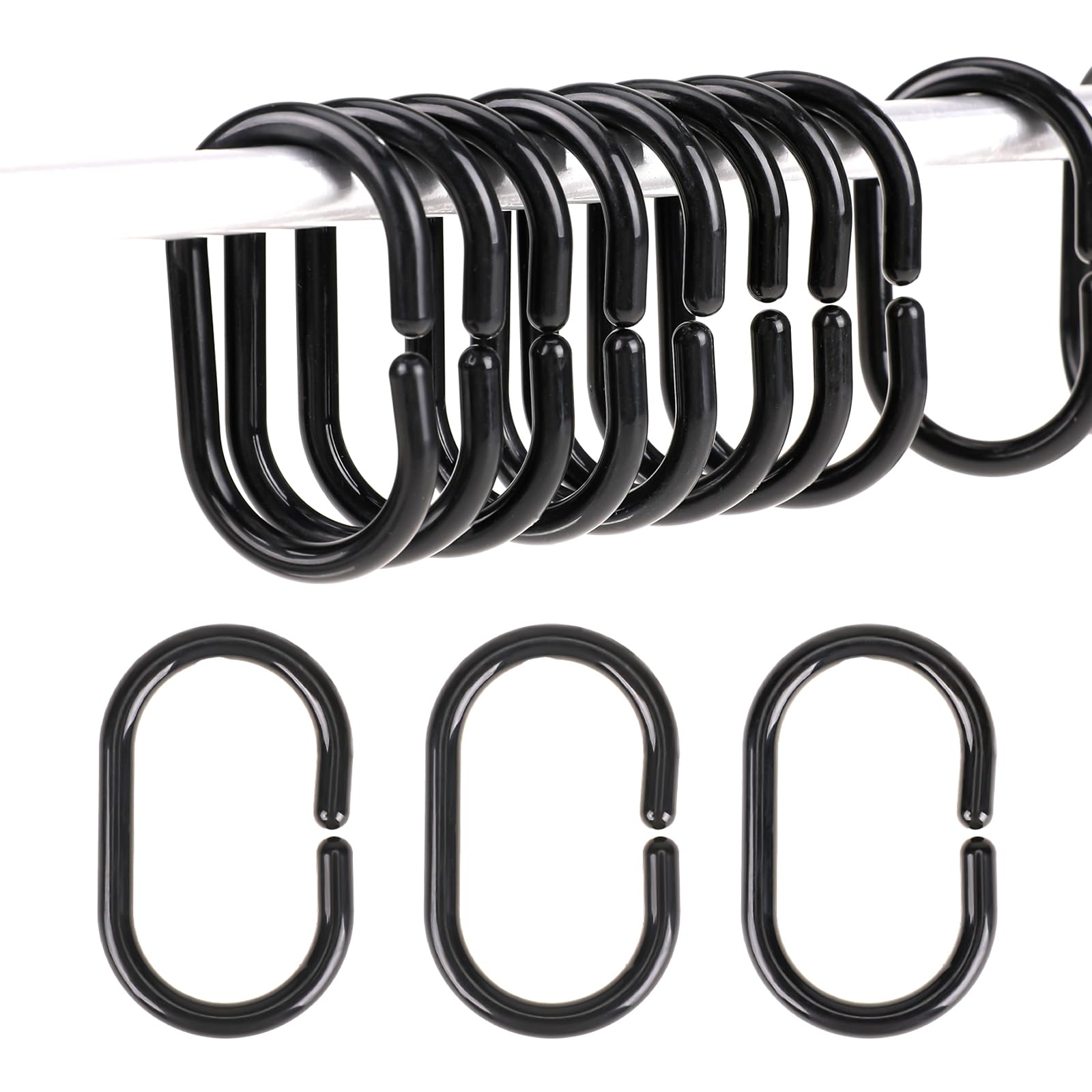 24PCS Plastic Shower Curtain Hooks Shower Curtain Rings Black Curtain C Rings Curtain Hanging Rings Bath Drape Loop Clip for Bathroom, Shower Window Rod C-Shaped, Black