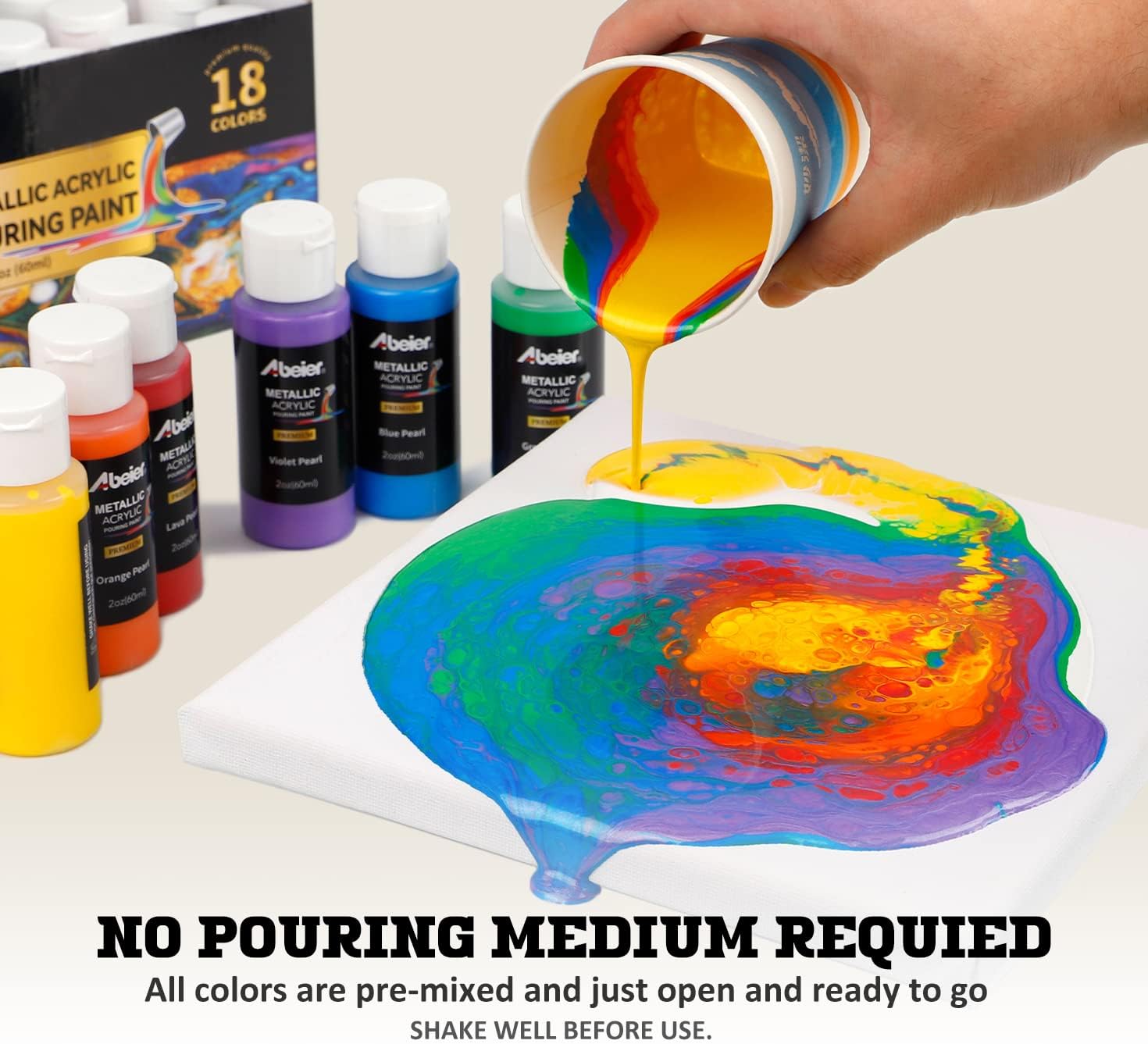 ABEIER Metallic Acrylic Pouring Paint Set - Set of 18 Metallic Colors - Pre-Mixed High Flow & Ready to Pour - 2 oz./ 59 ml Bottles - Multi-purpose Paints for Canvas & Paper, Rocks, Wood and More