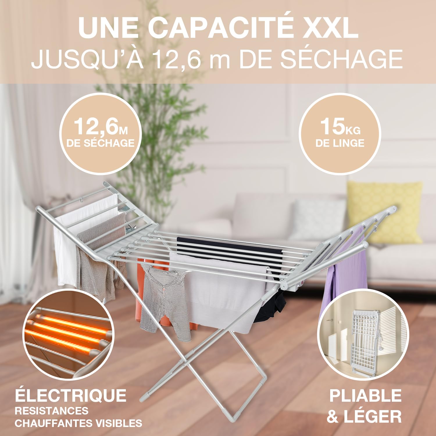 CATAVANA Séchoir Électrique XXL - 1,5m de Longueur - 230W - Température de 45-55°C - Séchage Rapide et Doux pour Jusqu’à 15kg de Linge - Câble de 1,4m - Idéal pour Séchage en Intérieur