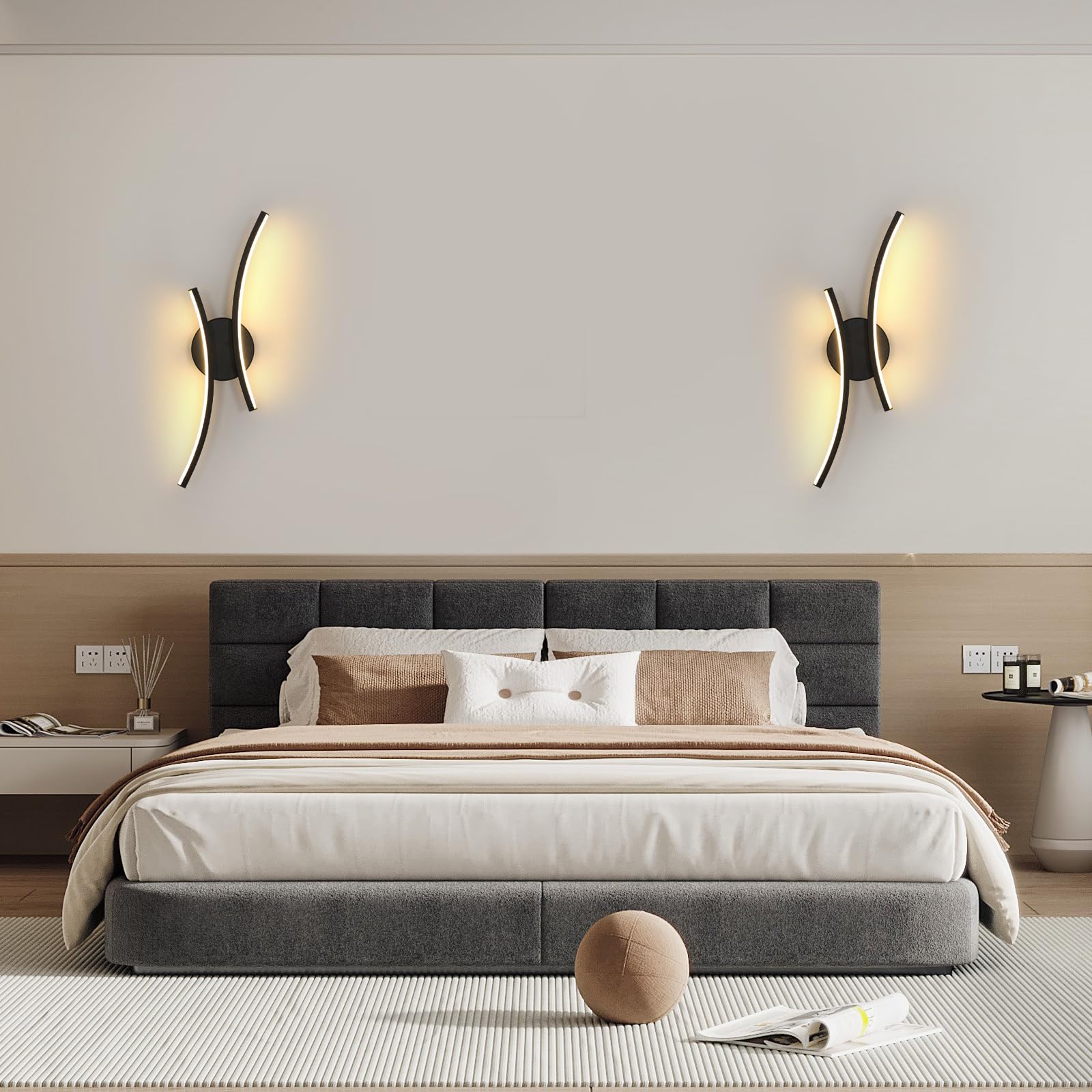 2 Stück Wandlampe Innen LED, 20W 2250LM LED Wandleuchte Schwarz, Modern Dekorativ Wandbeleuchtung Aluminium für Schlafzimmer Korridor Wohnzimmer Treppe, Warmweiss 3000K
