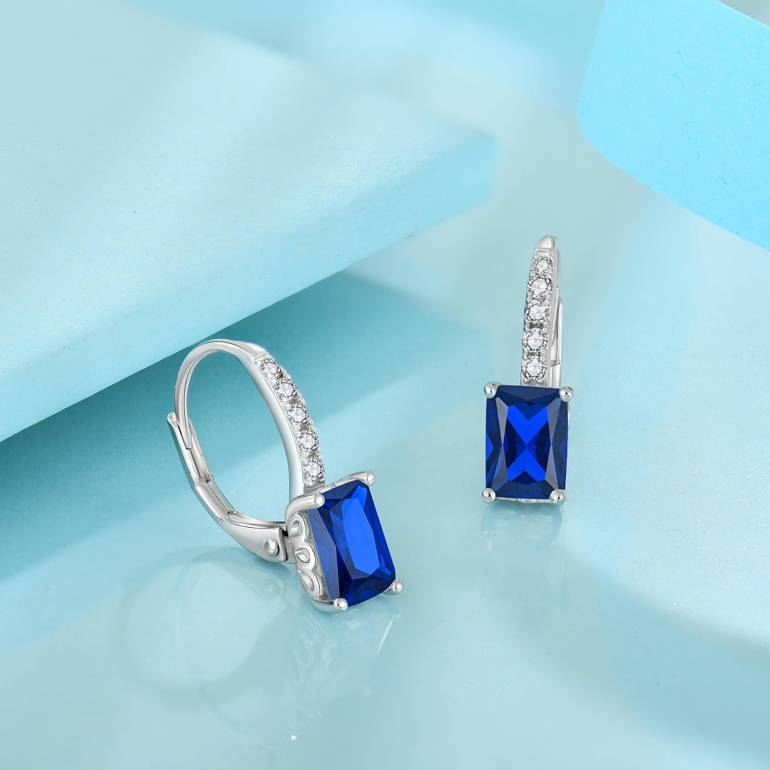 FJ Princess Cut Dangle Drop Earrings 925 Sterling Silver Leverback Square Solitaire Earrings Birthstone Jewelry for Women - Image 4