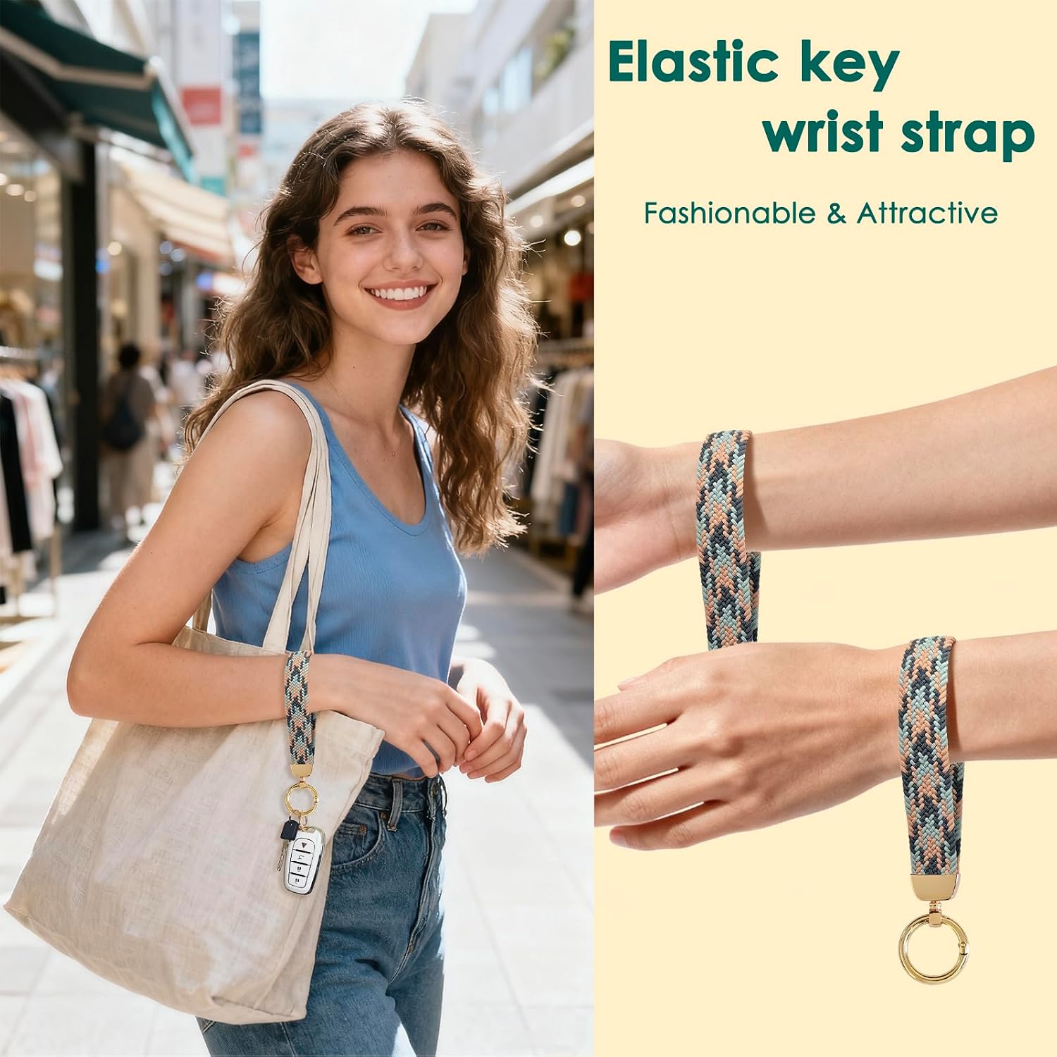 Key chain wrist strap, elastic key chain, featuring 4 key rings and a D-ring.