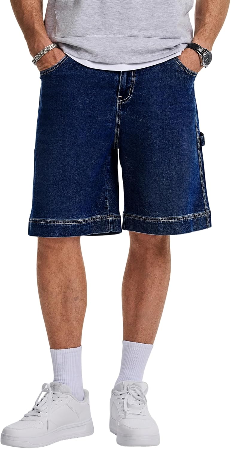JMIERR Mens Baggy Jeans Shorts Relaxed Fit Jorts Wide Leg Streetwear Vintage Carpenter Denim Shorts with Hammer Loop