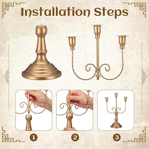 Miniatura 5 de 2 candelabros dorados, 3 brazos de 11.8 pulgadas, portavelas de metal para candelabros temáticos de fiesta, mesa, centro de mesa, decoración,