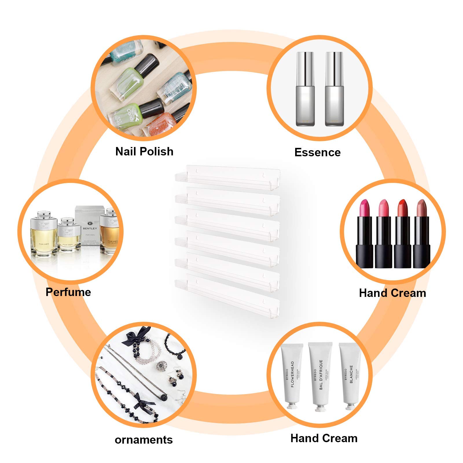 Estantes acrílicos para esmalte de uñas, soporte para montaje en pared, organizador de pintura, estante de almacenamiento transparente, paquete de 6 estantes colgantes para esmalte de uñas 2
