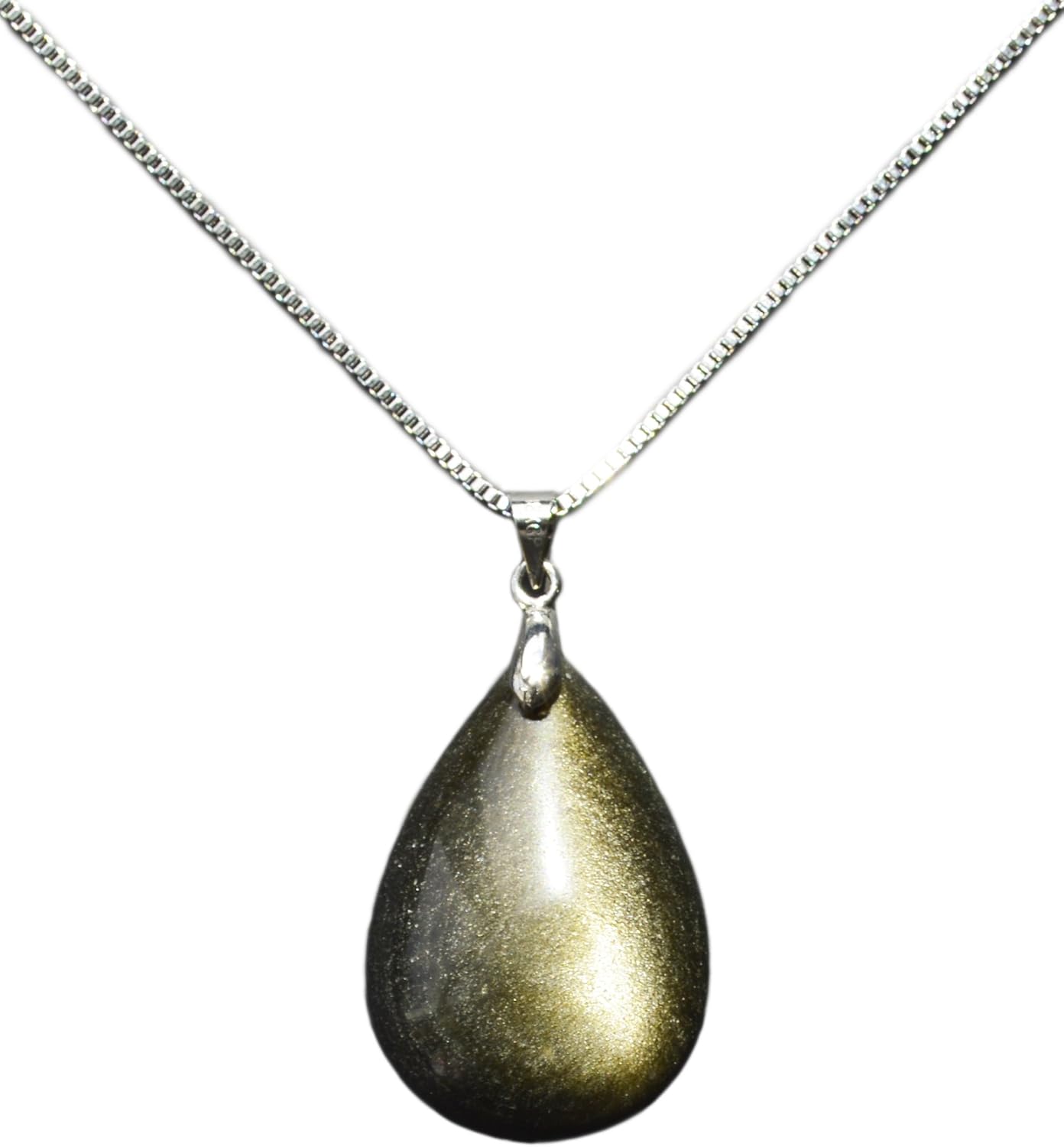 Teardrop Pendant Necklace Made of Gold Sheen Obsidian Gemstone w 18 Metal Alloy Chain