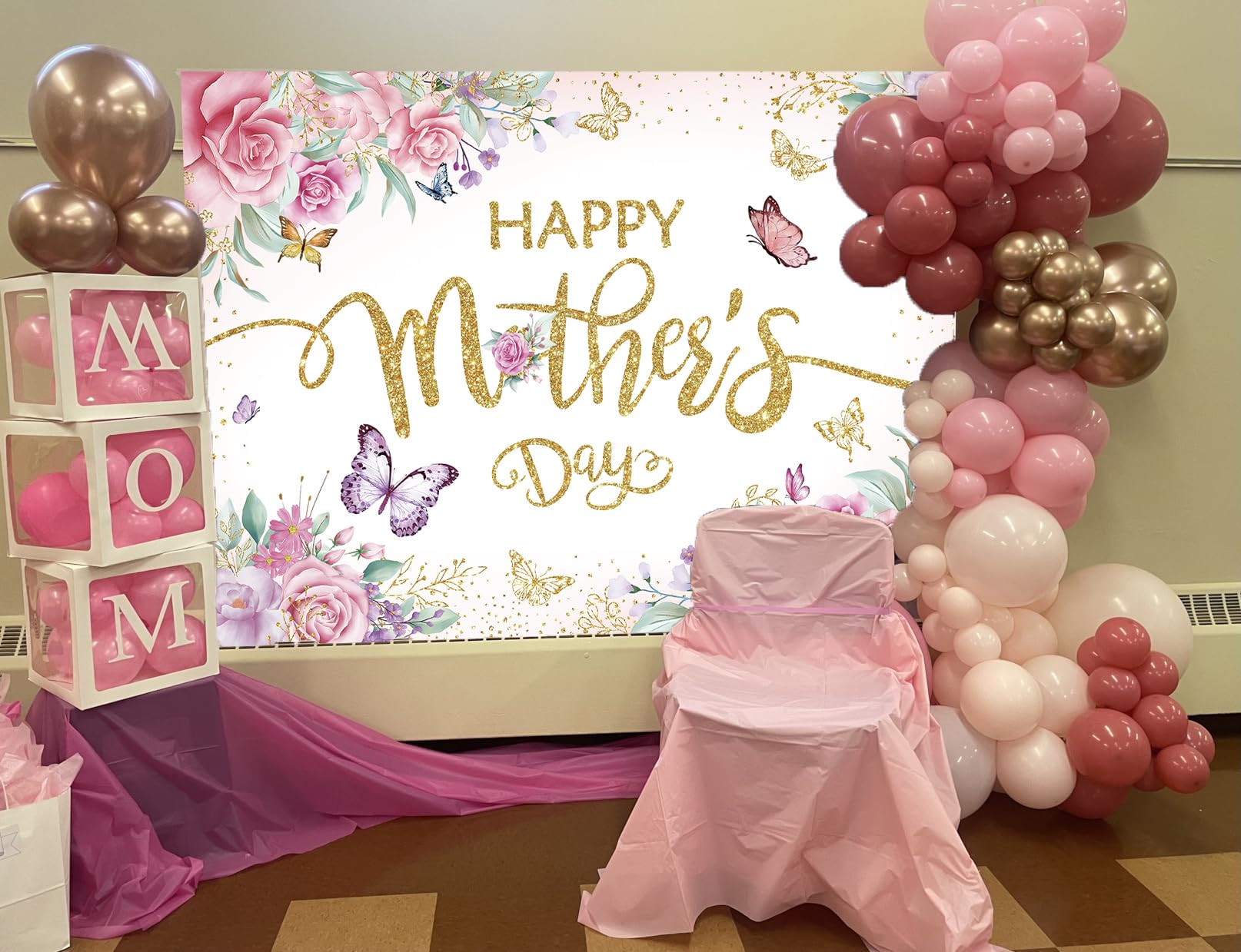 Fotohintergrund 'Happy Mother's Day' – Burgunderrot Mit Blumen & Schmetterlingen, 2,1x1,5m, Vinyl, Für Muttertags-Deko