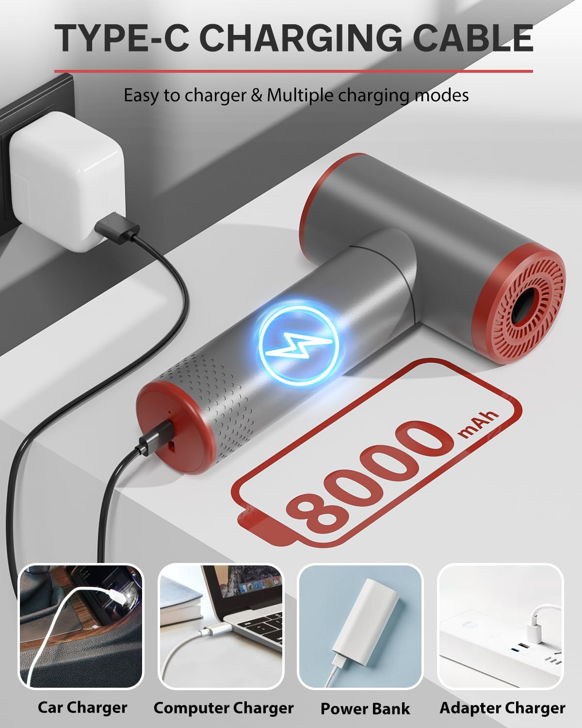 TGBOX Compressed Air Duster - 100000RPM Electric Air Duster & Vacuum Cleaner 2 in 1, 3 Gear Cordless Adjustable Portable Rechargeable Air Blower for Computer Keyboard PC, Red