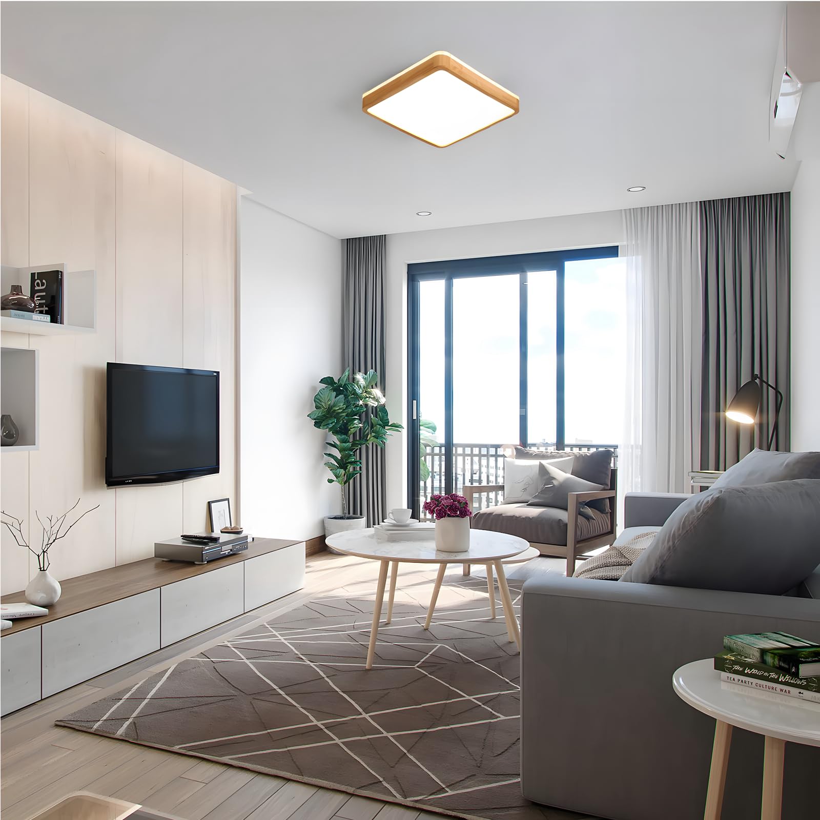 Lámpara De Techo LED De Madera | Ø30cm 4500K 1620Lm 18W | Lámpara De Techo Cuadrada De Madera Natural Con Brillo De 360°, Dormitorio, Sala De Estar, Habitación De Los Niños (Blanco Neutro)