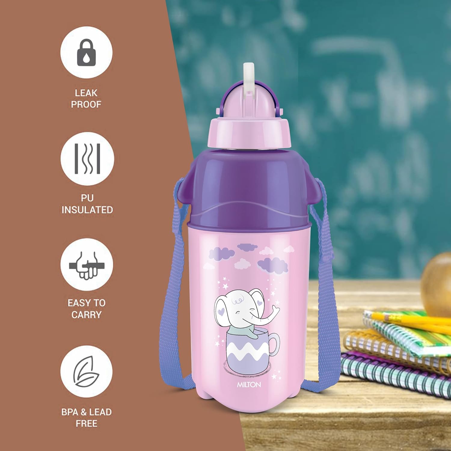 MILTON Kool Trendy 400 Plastic Insulated Water Bottle with Straw for Kids, 370 ml, Purple | School Bottle | Picnic Bottle | Sipper Bottle | Leak Proof | BPA Free | Food Grade | Easy to Carry