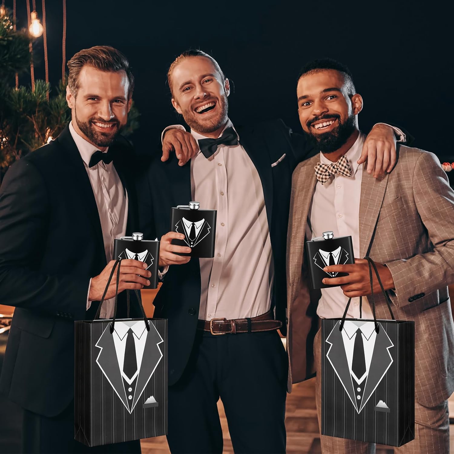 Bokon Groomsmen Gifts for Men Stainless Steel Tuxedo Flask Groomsmen Gauge Glasses Poker Bottle Opener Groomsman Gift Bag Sunglasses with Cards for Wedding Bachelor Party Favors(72 Pcs)