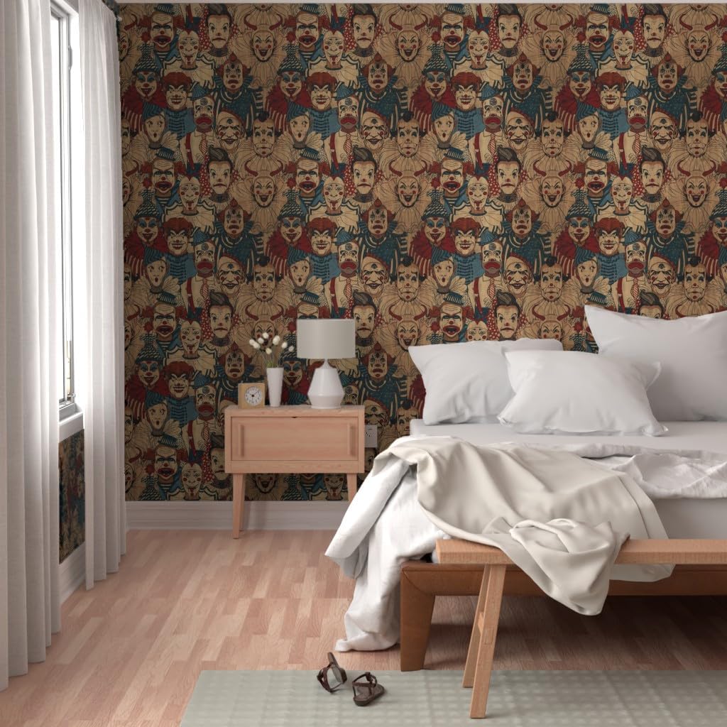 Peel & Stick Wallpaper 3ft x 2ft - Halloween Monsters Scary Clowns Creepy Carnival Side Show Spooky Circus Monster Clown Horror Vintage Custom Removable Wallpaper by Spoonflower
