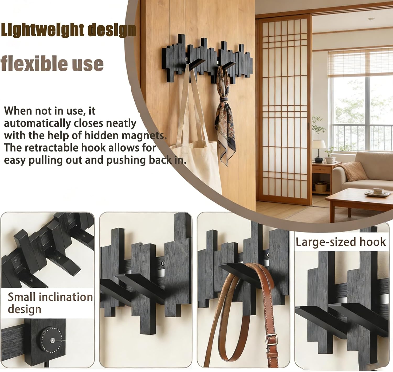 Key Holder Wall Mount, Modern Wooden Wall Mounted Coat Rack with 8 Reversible Magnetic Hooks, Wall Coat Rack,Towel Hooks for Bathrooms,Black Coat Hooks