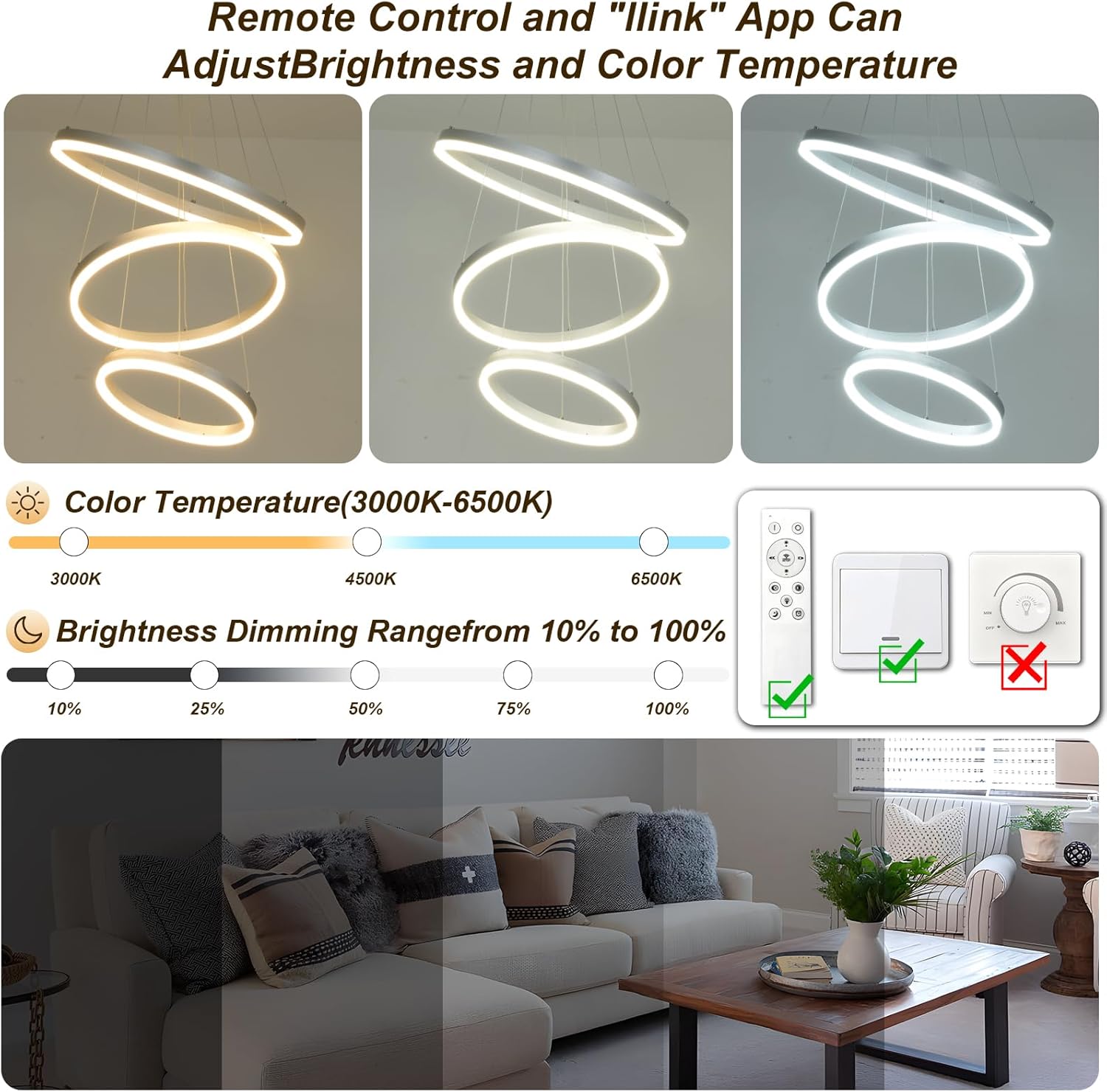 3-Ring Modern Silver LED Chandelier Dimmable Pendant Light with Remote Control Flush Mount High Ceiling Circle Light Fixture for Dining Bed Living Room Foyer 3000K-6500K