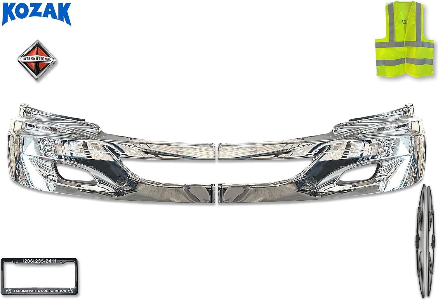 KOZAK Bumper Chrome Trims SET (Left Driver & Right Passenger Side) Compatible with International Prostar Trucks PLUS Logo, 2x Wipers, License Plate Frame and Vest