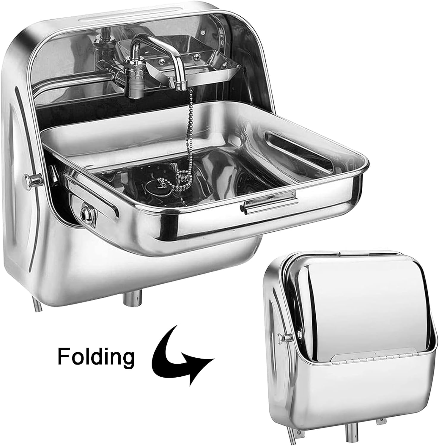 RV Caravan or Boat Stainless Steel Hand Wash Basin Sink with Folded Faucet Camper Trailer Accessories, Wall Mount Small Bathroom Sink