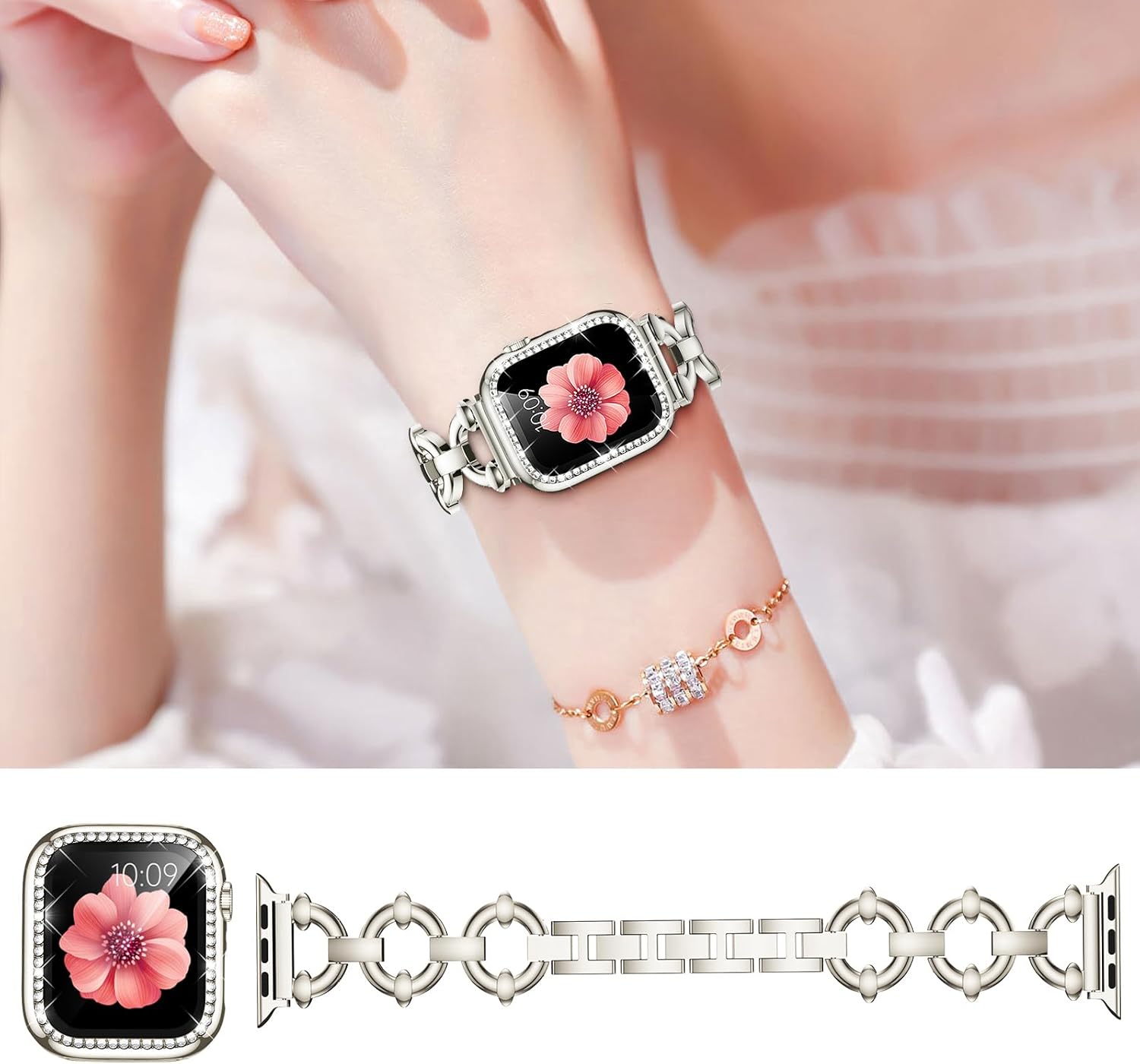 Mesime Compatible with Apple Watch Band 38mm 40mm 41mm 42mm 44mm 45mm 46mm, Women Bling Jewelry Bands with Tempered Glass Screen Protector Case, Shiny Strap for iWatch Series 11/10/9/8/7/6/5/4/3/2/1/SE
