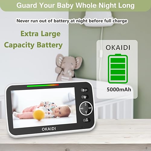 Miniatura 5 de OKAIDI Monitor de bebé HD de 5 pulgadas con cámara y audio, pantalla de 720P, batería de 5000 mAh, panorámica e inclinación remota, zoom 3X, visión