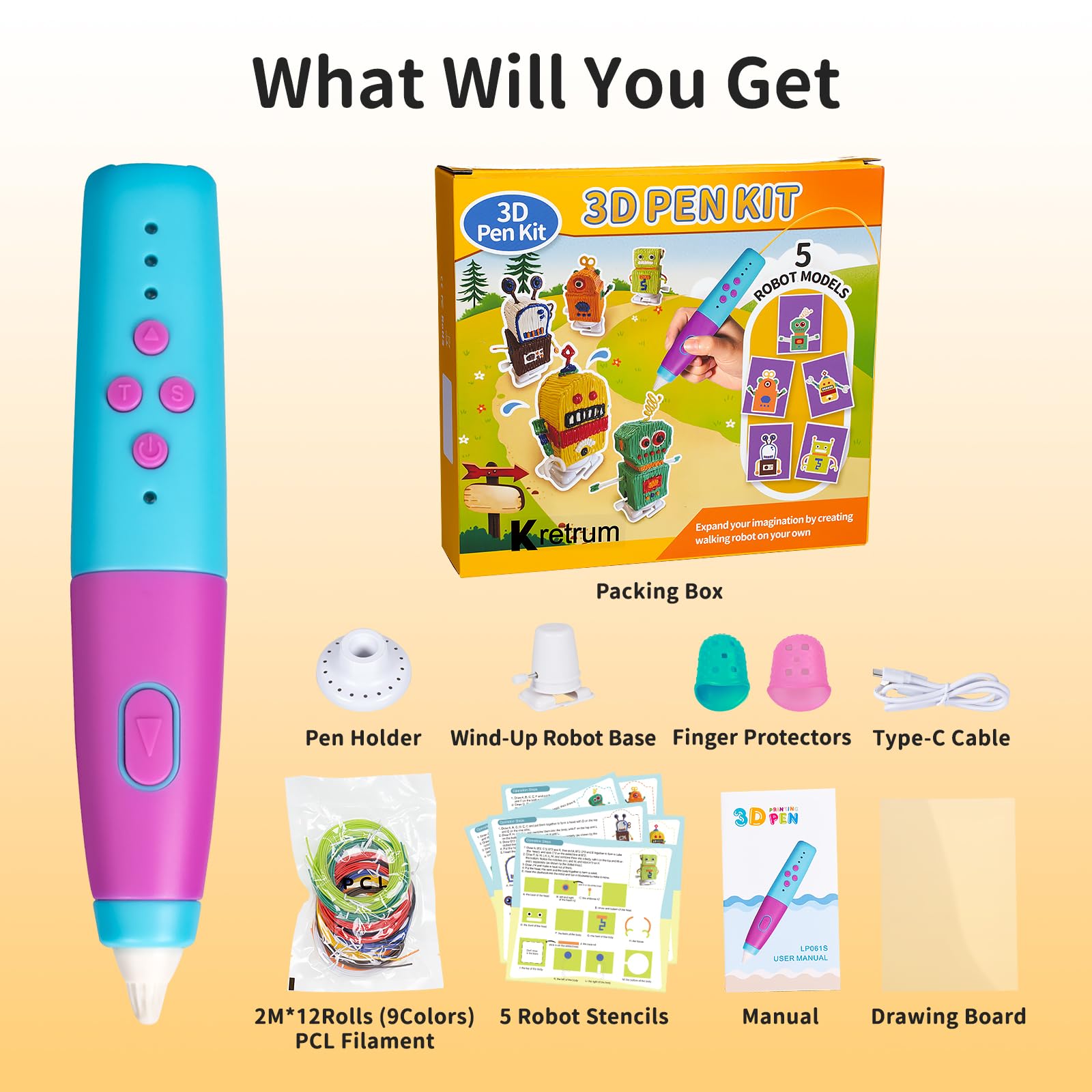Kretrum Penna 3D per bambini, a bassa temperatura, kit di penne per stampa 3D con stencil robot, protezioni per le dita, filamento PCL da 1,75 mm, ecc. Penna 3D, miglior regalo di compleanno per