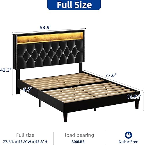 Miniatura 2 de HOMBCK Full Size Bed Frame with LED Lights, Velvet Upholstered Bed Frame Full with Charging Station and Storage Headboard, Modern Diamond and Rivet