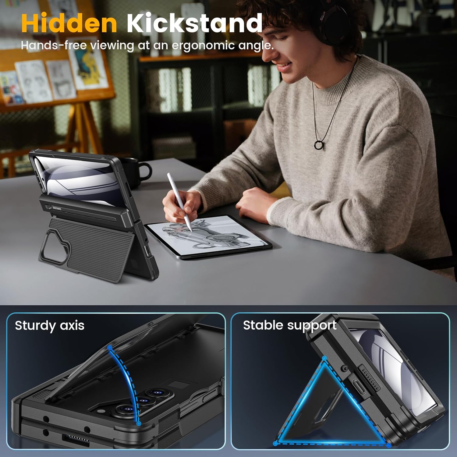 Caka for Samsung Galaxy Z Fold 5 Case [Thinner S Pen Holder] [Hidden Kickstand] [Hinge Protection] [Screen Protector] Full Body Hard Shockproof Phone Cover with Anti-Slip Textured for Fold5 - Black