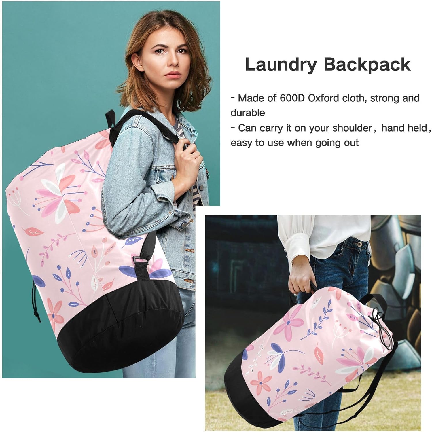 Laundry Backpack Hamper Bag with Adjustable Shoulder Straps Handle Dirty Laundry Bags for Traveling Camp College Dorm Heavy Duty Waterproof Large Capacity Floral Pink