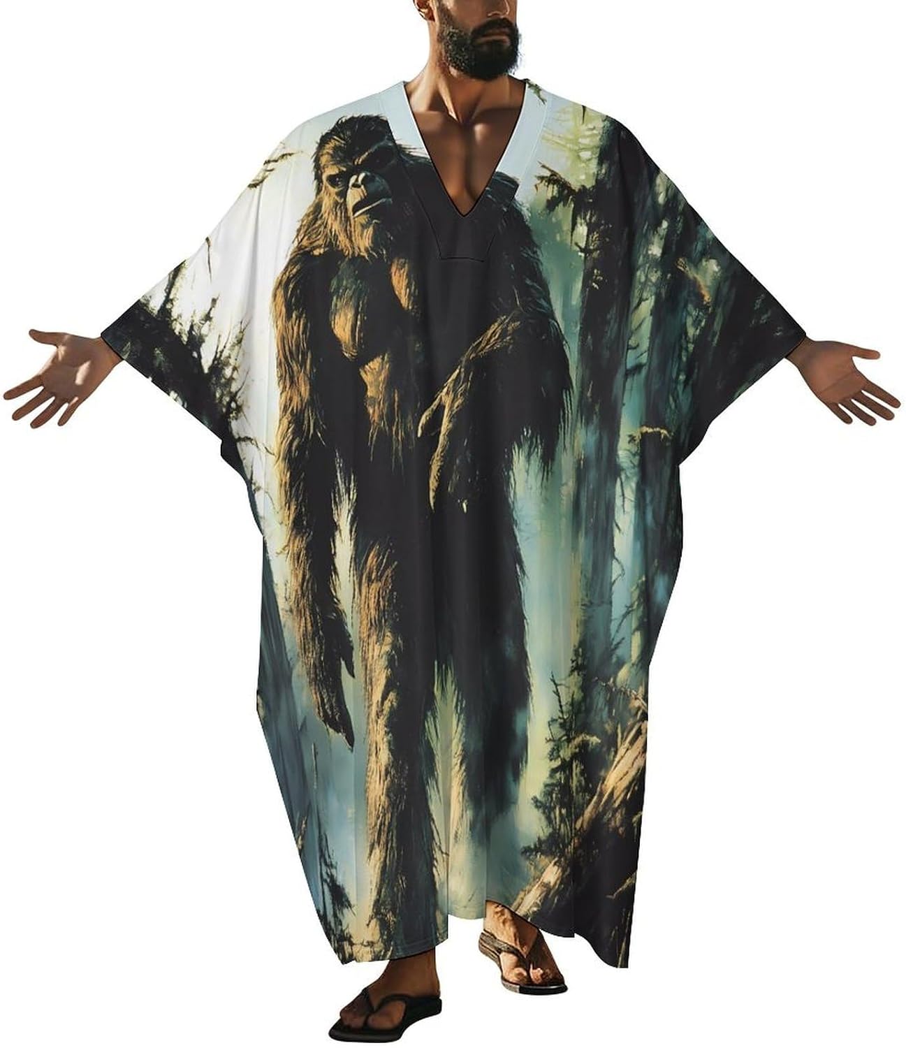 Bigfoot In The Woods Men's Kaftan Thobe V-Neck Long Gown Loose Robe