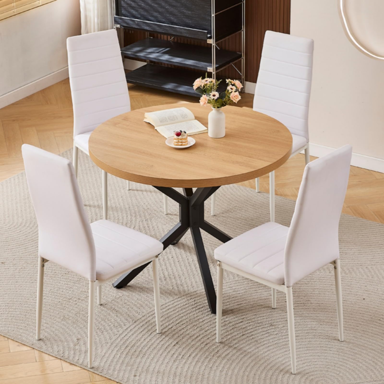 Homullel Round Dining Table and Chairs Set 4 Seater Kitchen Dining Set, 5 Pieces Table & Chairs Dinner Table Set for 4 (95cm Wooden Table with 4 Chairs, Faux Leather Eggshell White)