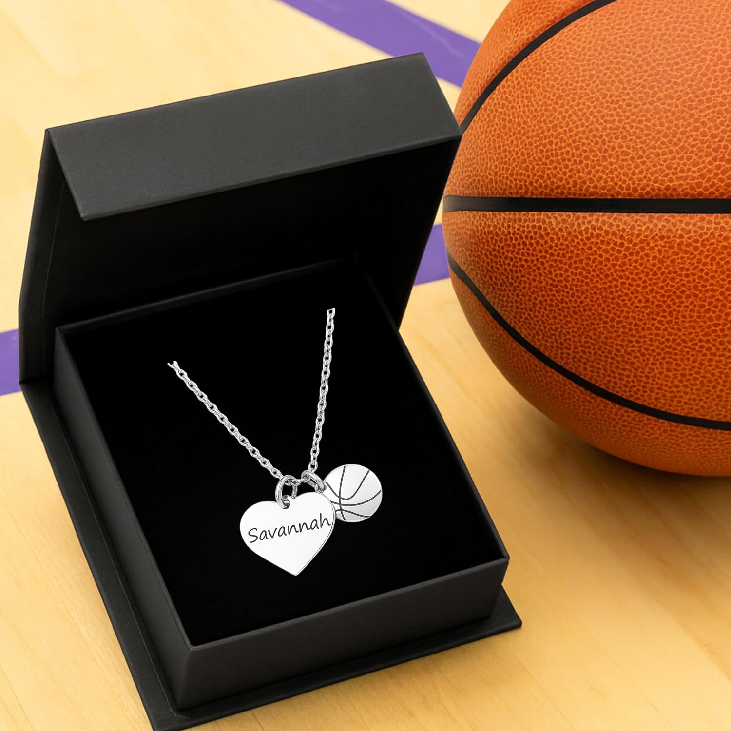 Personalized Engraved Basketball Necklace – Custom Heart Pendant with Name & Basketball Charm – Stainless Steel Jewelry Gift for Basketball Fans - Image 5