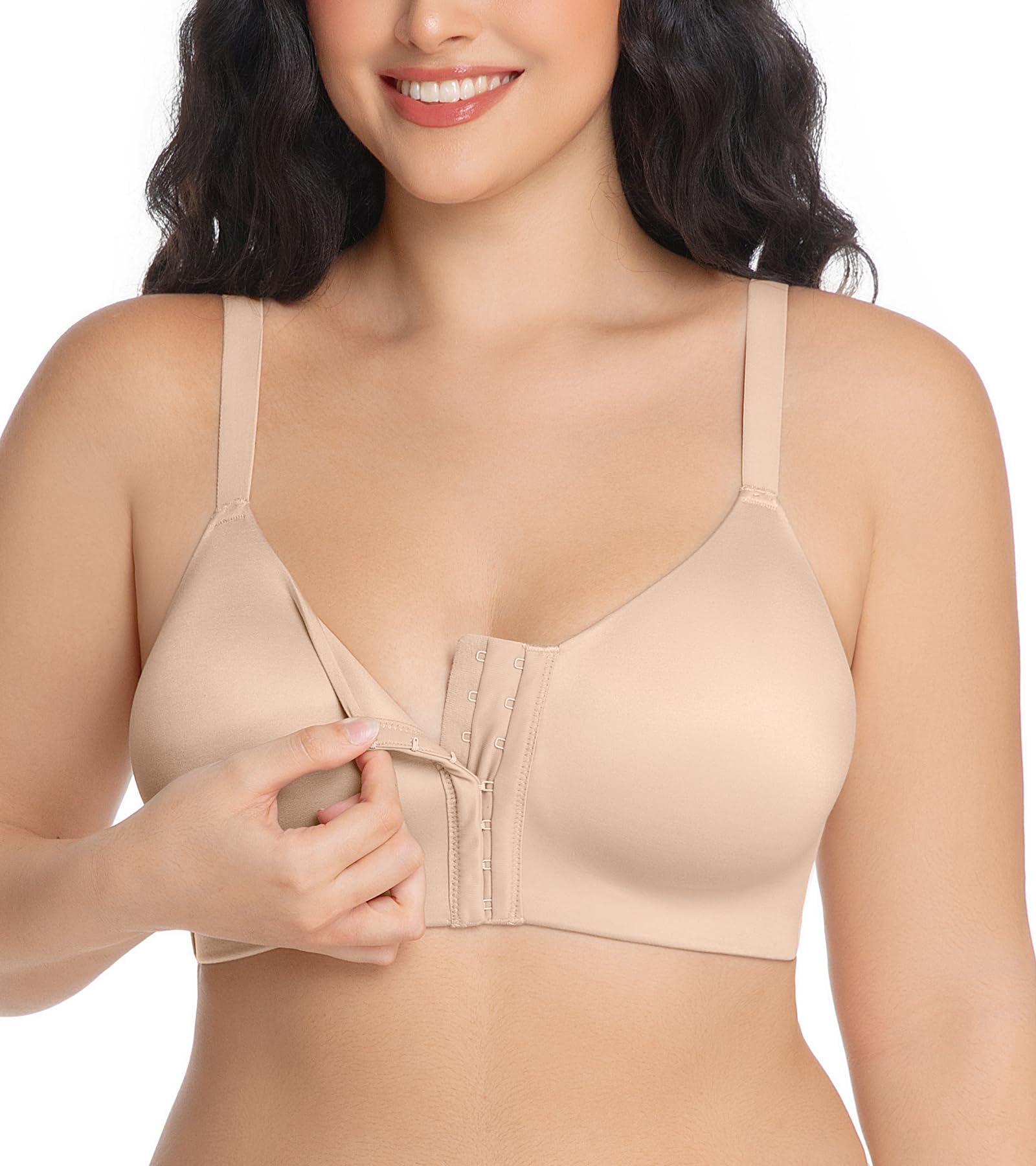 Women's Wirefree Front Closure Bra - Soft 3D Molded Cups Double-Layer Brushed Fabric Adjustable Anti-Slip Straps Convertible X-Back Comfortable Everyday Wear