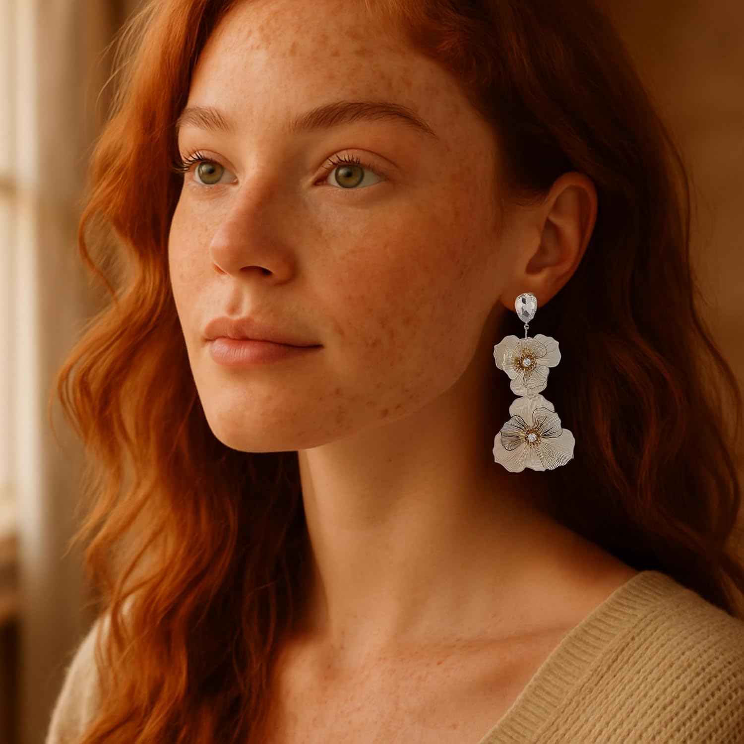 Jewel Flower Teardrop Earrings, Metal, Clear Crystal, Gold Silver Two-Tone, Formal Evening Wear, Dangle Drop Style