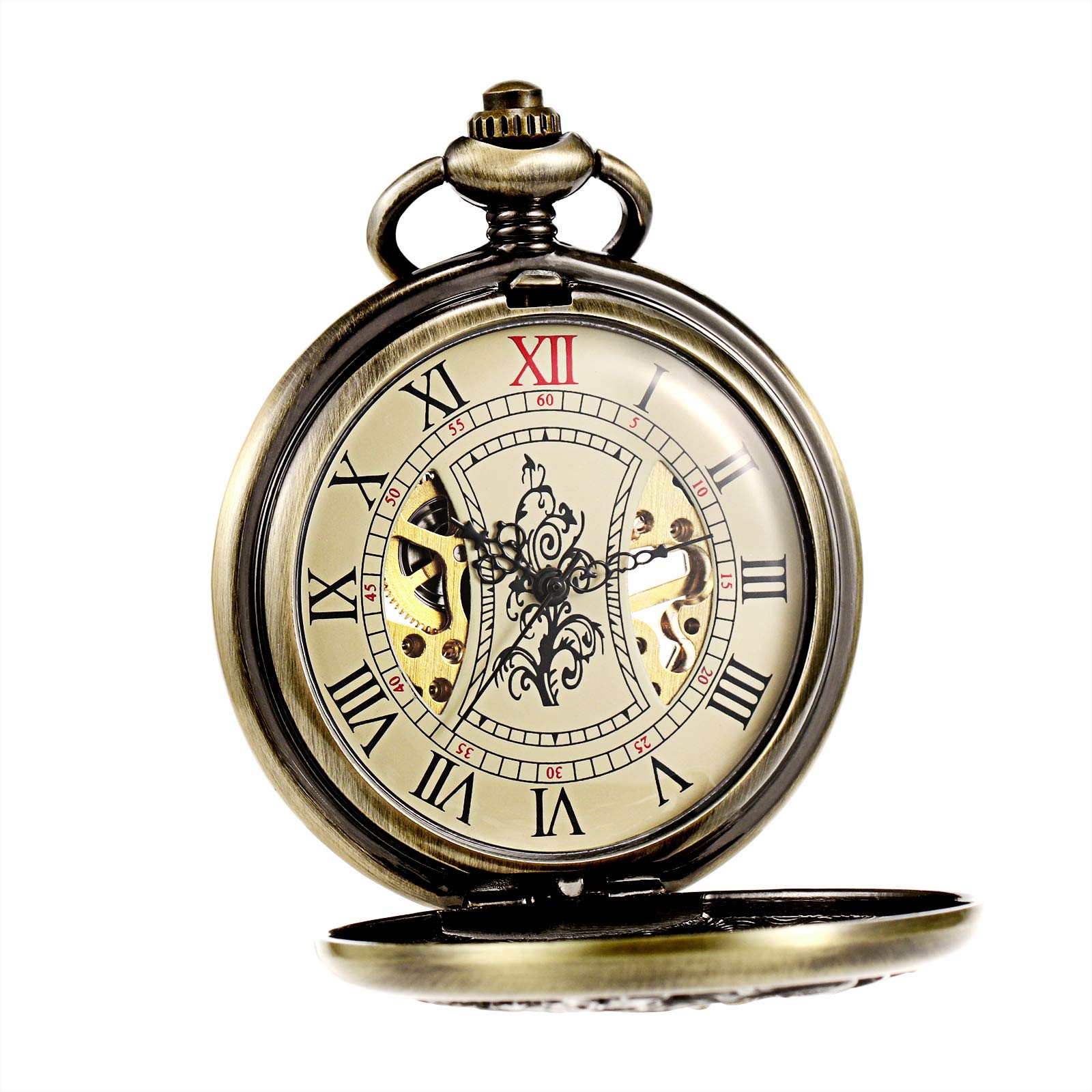 TREEWETO Orologio da taschino da uomo con catena analogica a carica manuale antico drago fenice scheletro bronzo