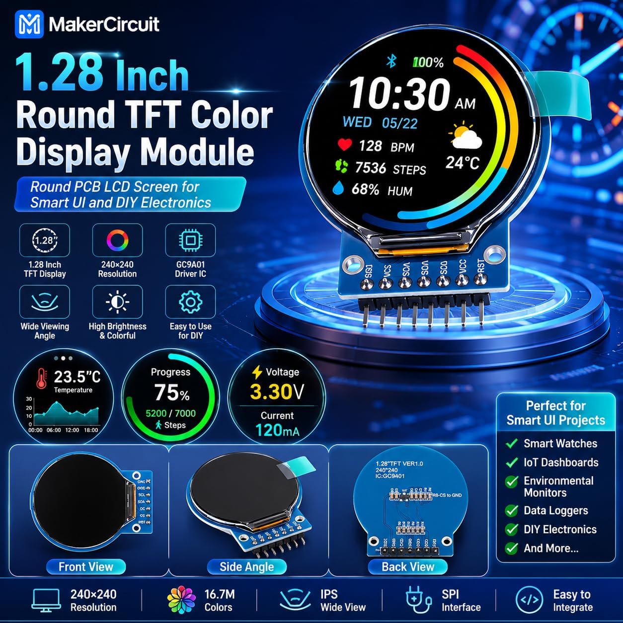 1.28 Inch Round TFT LCD Display Module, Circular Color Screen Board for Watch-Style UI, Meters and DIY Projects