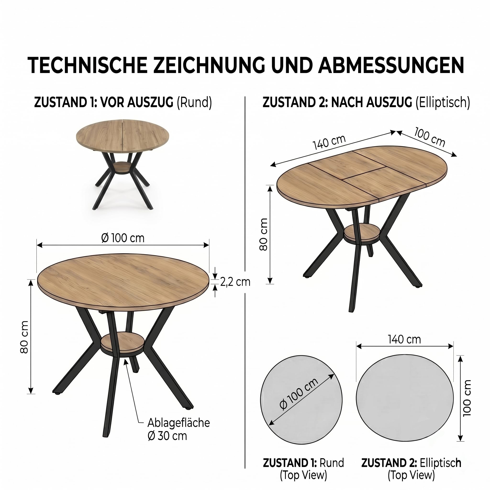 Tavolo da pranzo rotondo allungabile, 100-140 x 100 x 80 cm, robusto telaio in metallo a X, nero, tavolo da cucina con vano portaoggetti, tavolo da pranzo allungabile ovale per fino a 6 persone, per