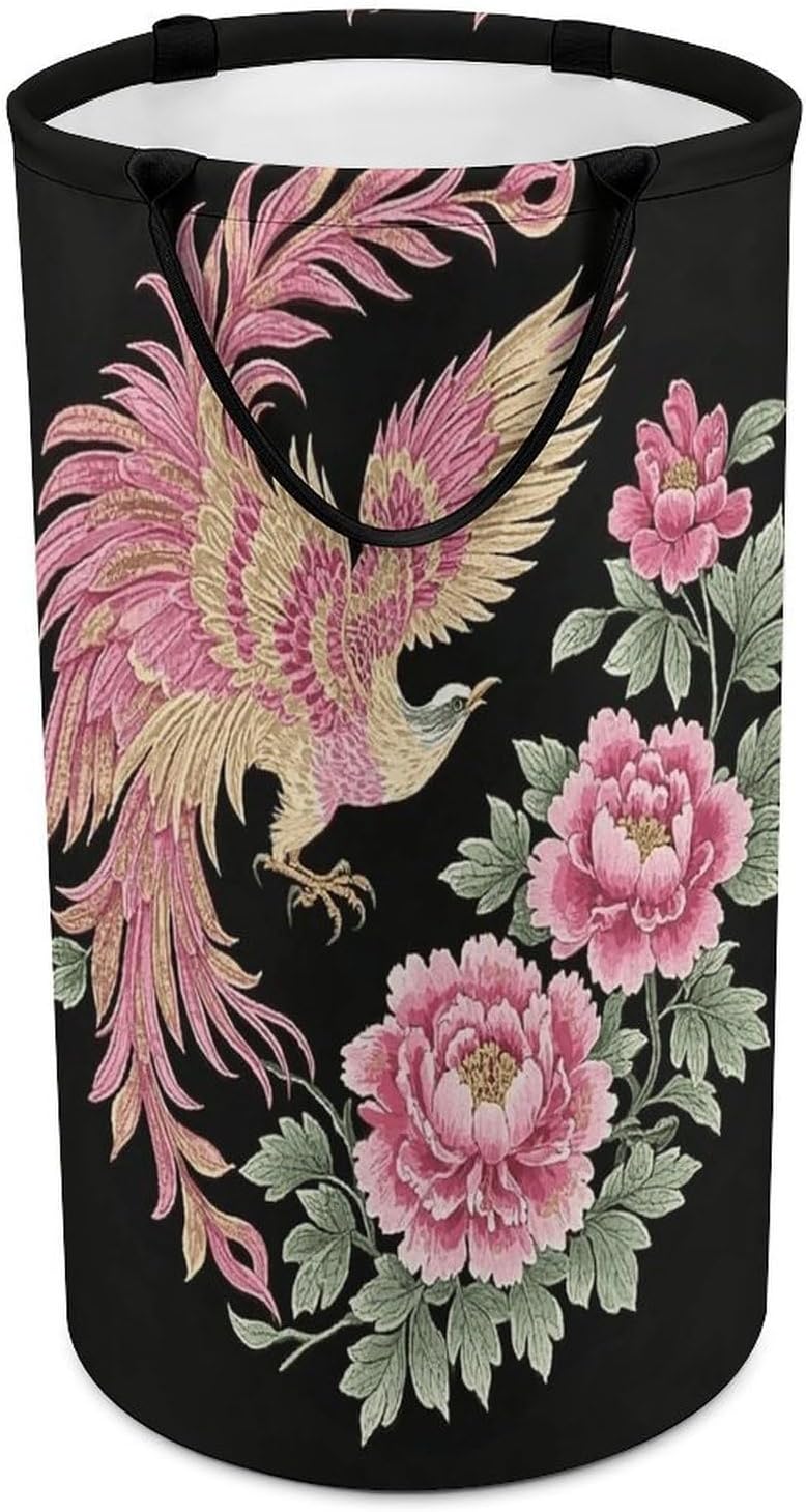 Pink Phoenix And Peony Laundry Hamper Large Capacity 15.7x27.2 Inch, Collapsible Dirty Clothes Basket with Handles, Foldable Storage Bin Laundry Basket for Bedroom Bathroom Dorm