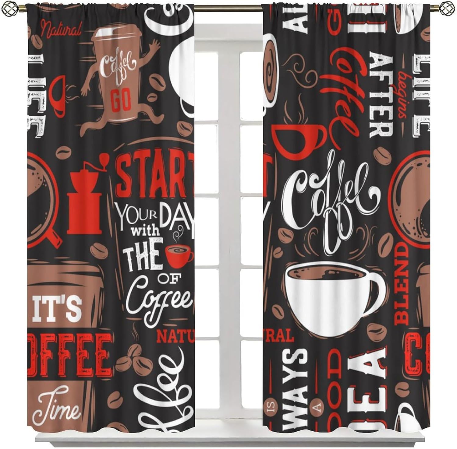 Coffee Curtains Black Retro Brown White Doodle Small Cafe Rod Pocket Blackout Window Drapes for Bedroom Living Room Kitchen Cafe Decor （W21xL45 Inch） x2 Panels