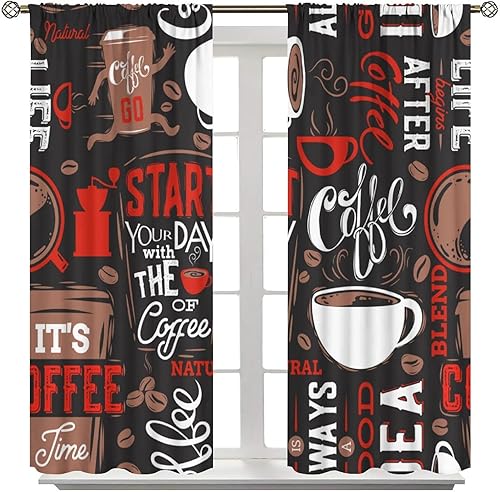 Miniatura 2 de Cortinas retro de café para cocina, taza de té con leche, marrón, blanco, garabatos, negro, rojo, bonita decoración, bolsillo para barra,
