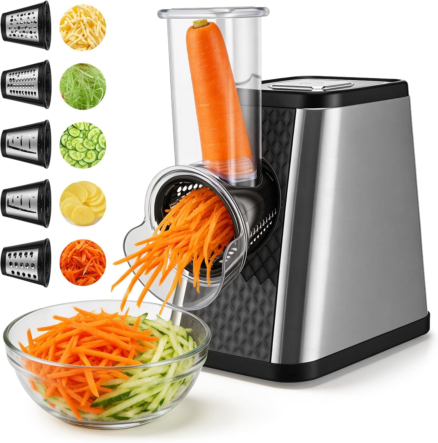 Electric Cheese Grater, 5-in-1 250W Electric Salad Maker, Multi Grater, Fruit Cutter, Vegetable Slicer, Food Processor, Multifunctional Slicer & Shredder for Cheese, Vegetables, and Fruits