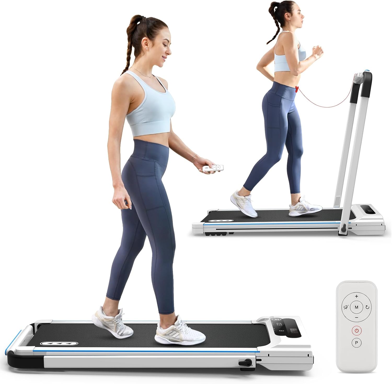 Image showing a woman walking on the REDLIRO treadmill in under-desk mode with a remote control, and another woman jogging with the handrail up.