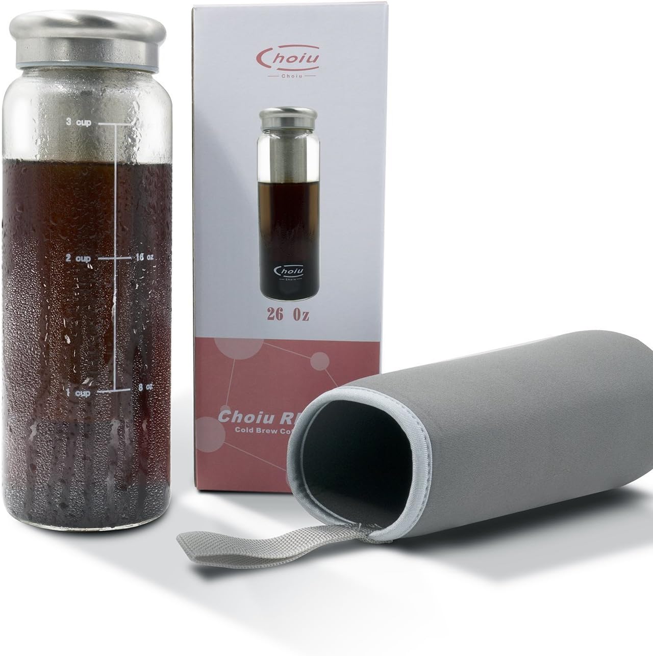 Travel Cold Brew Bottle 26oz with To-Go Sleeve for Iced Coffee & Tea Pitcher - Easy Store in Brewing for fridge Design with Deep Removable Stainless Steel Filter and Airtight Lid