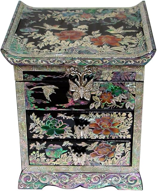Mother of Pearl Peony Flower Bird Black Lacquer Wooden Drawer Jewellery Trinket Keepsake Treasure Chest Box Organizer