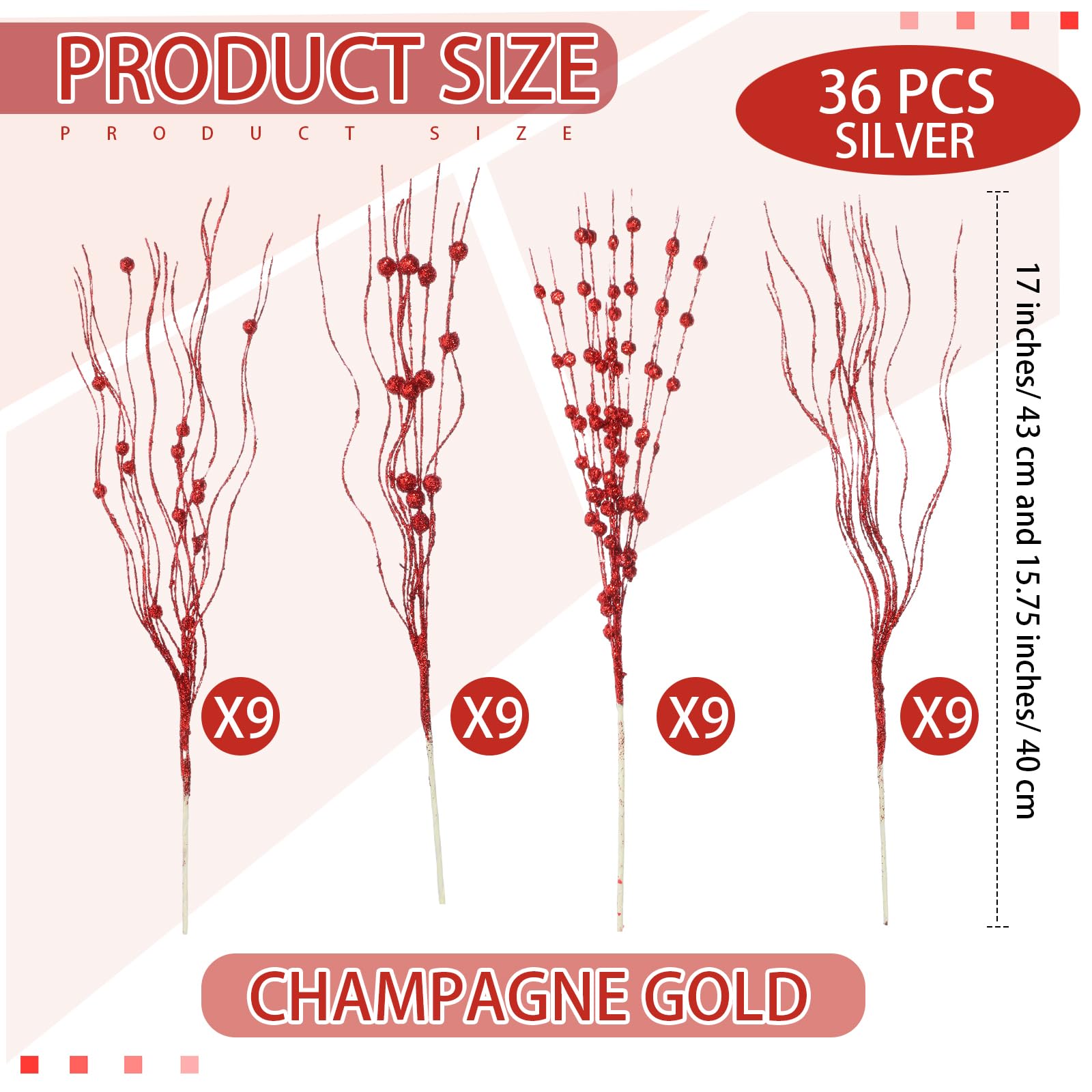 36 Stück Weihnachtsbaum-Plektren, 4 Stile, künstliche Glitzer, Beerenstiel, Weihnachtsschmuck, glitzernde Zweige für Weihnachtsbaum, Weihnachtskranz, Vasenfüller (rot)