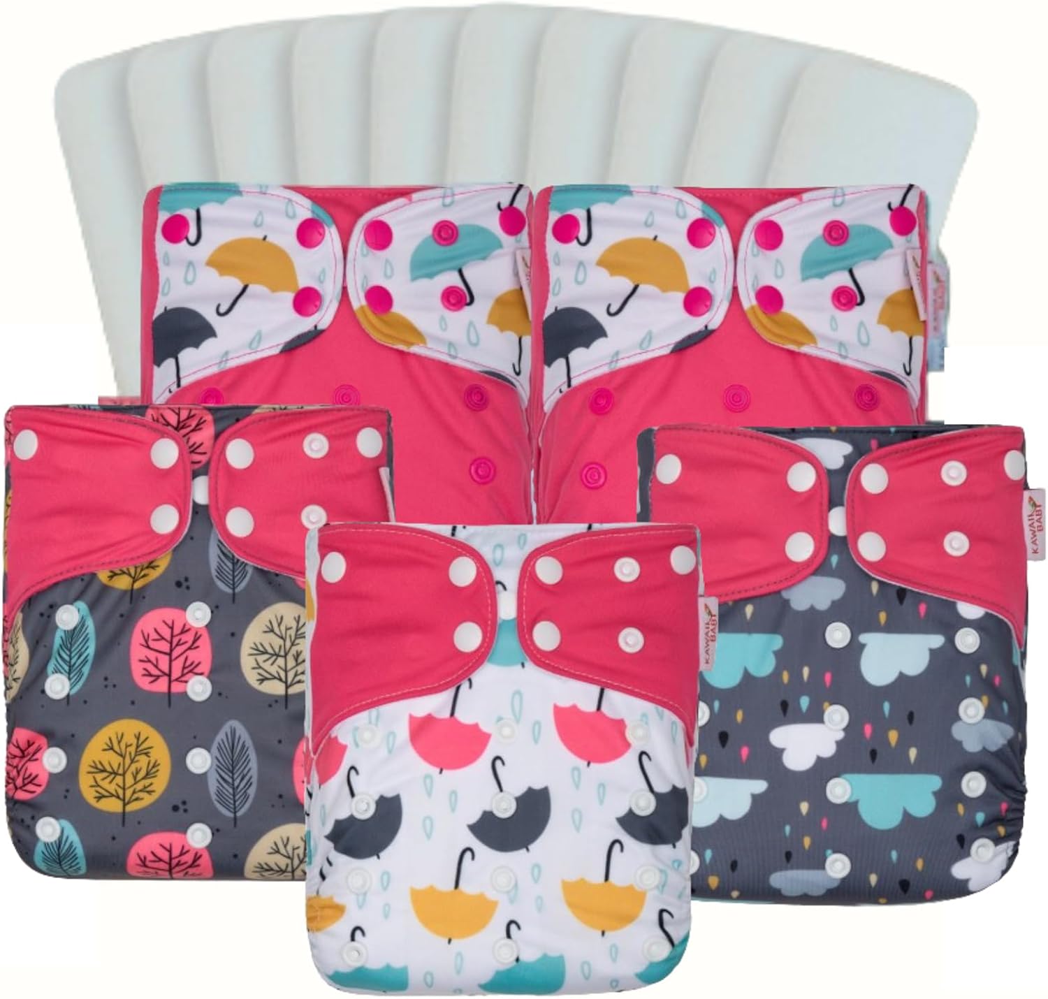KAWAII BABY 5 One Size Printed Snap Cloth Diapers + 10 Super Absorbent Diaper Inserts, Waterproof, Reusable, Fit Babies 8-36 lb Sunshower